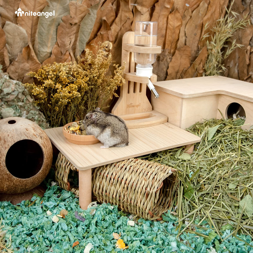 Niteangel Hamster Play wooden platform with food dish demonstrates versatile layout