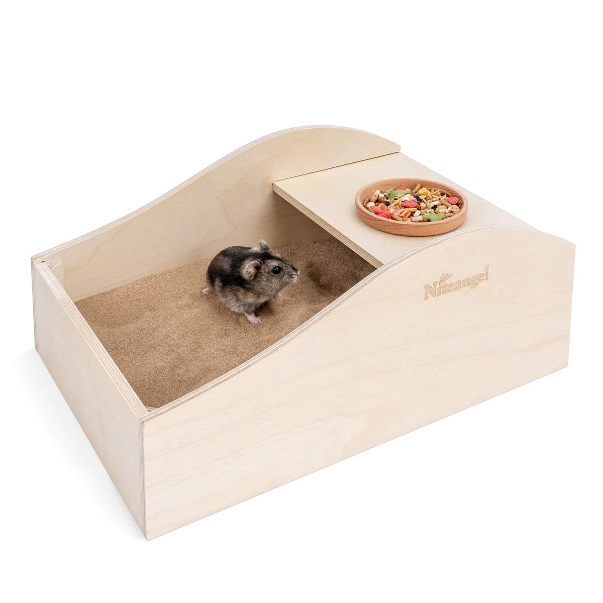 Niteangel hamster sand bath box with dust-free wooden design for grooming.