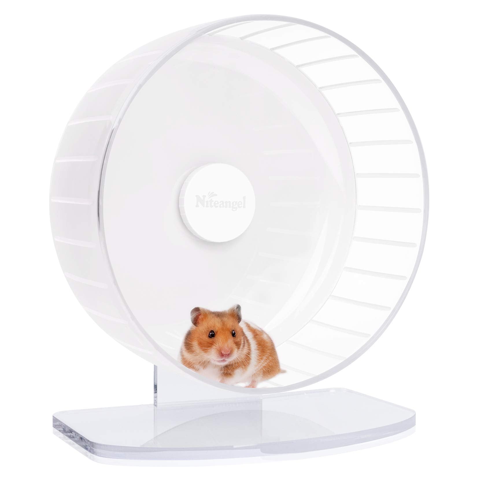 Niteangel super-silent hamster wheel with adjustable stand in white for quiet play.