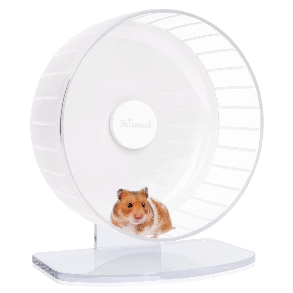 Niteangel super-silent hamster wheel with adjustable stand in white for quiet play.