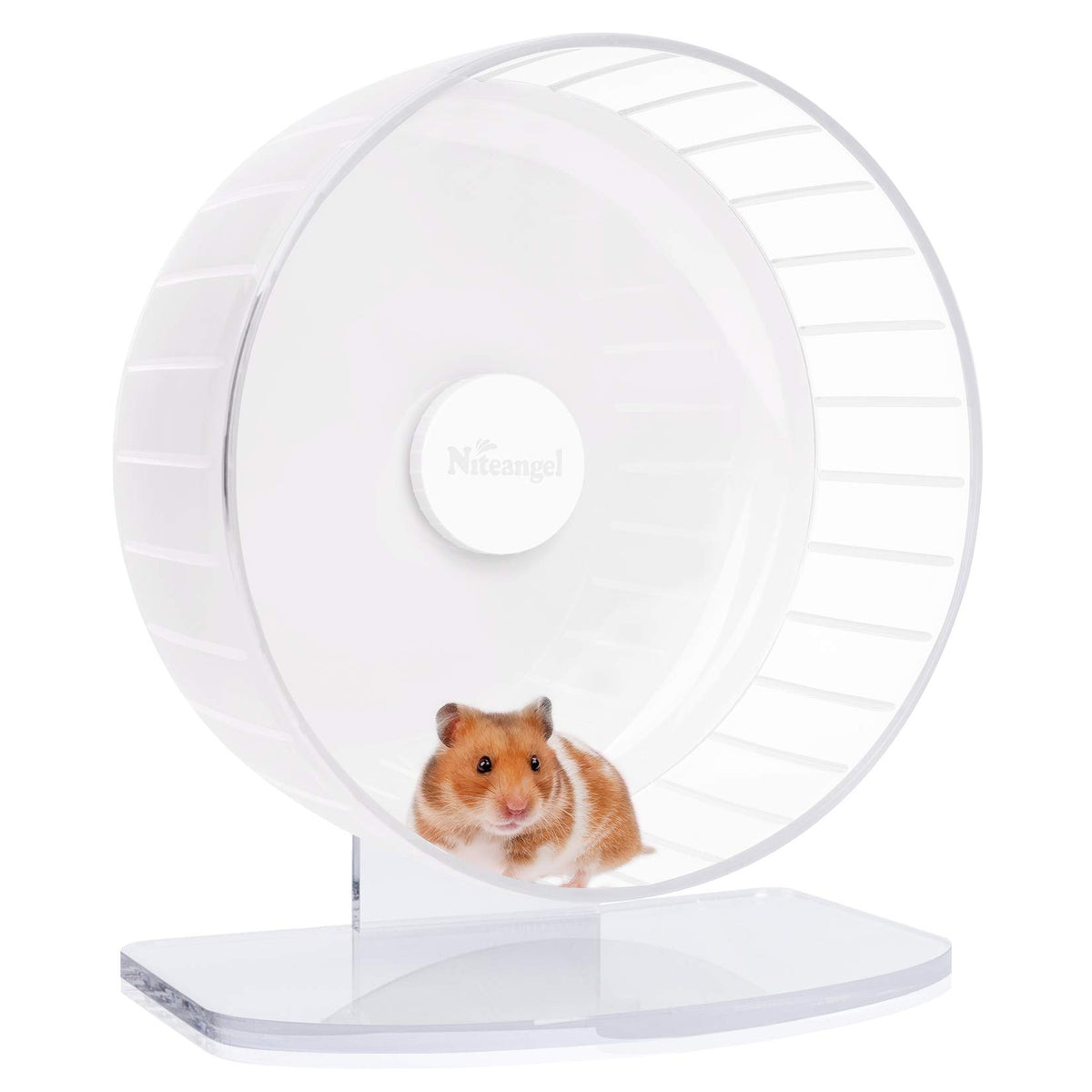 Niteangel super-silent hamster wheel with adjustable stand in white for quiet play.