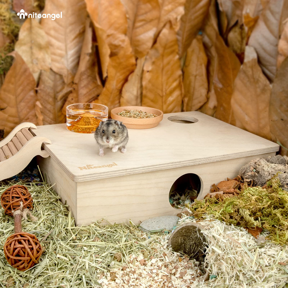 Niteangel wooden hamster house rooms close-up shows smooth birch plywood finish.