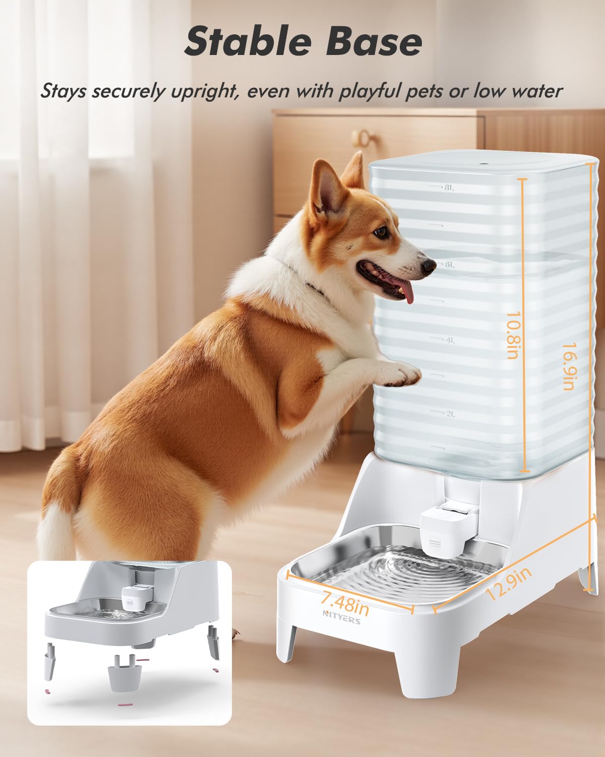 Nityers adjustable base offers comfortable drinking heights for pets.