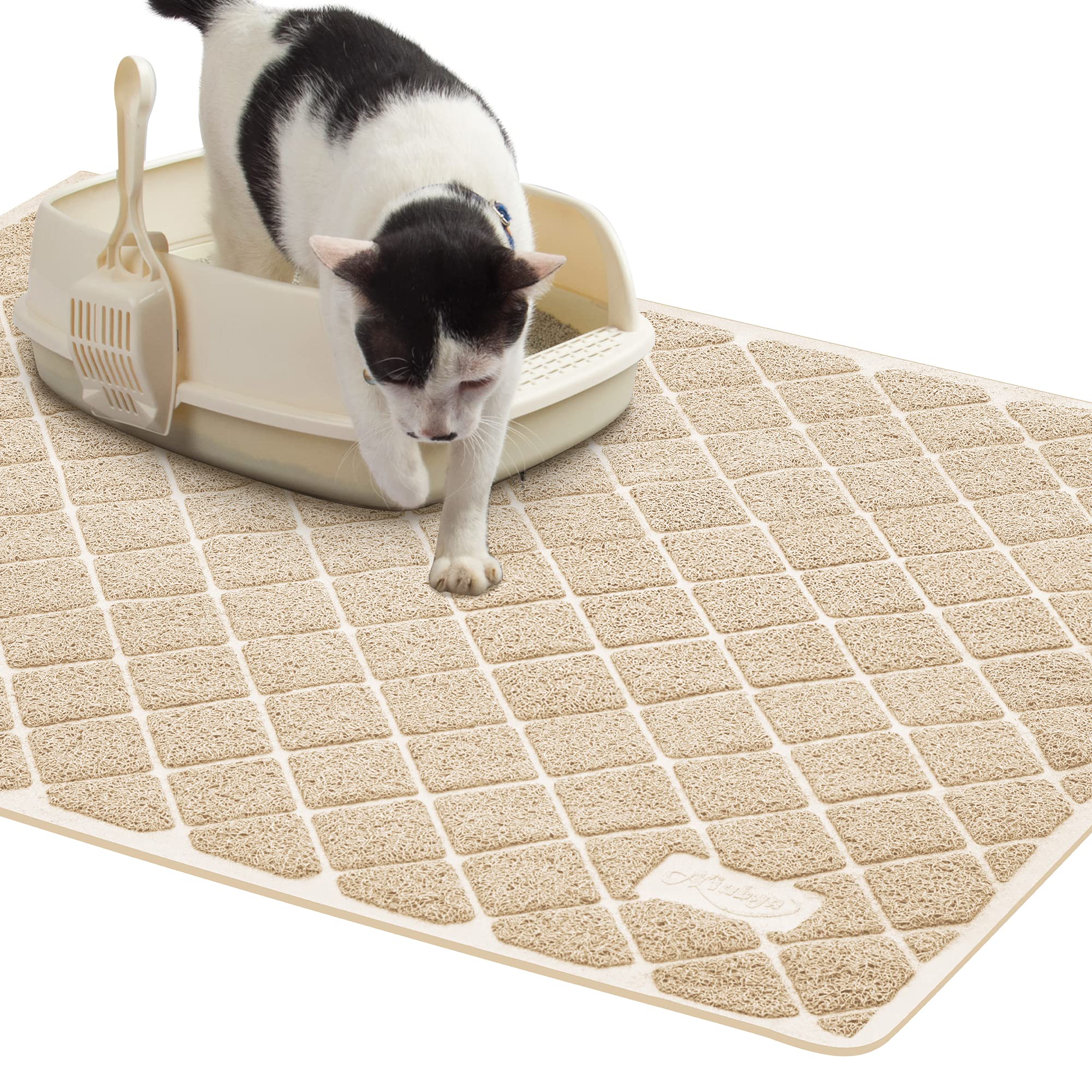 Niubya cat litter mat with cross grooves traps litter and protects floors.