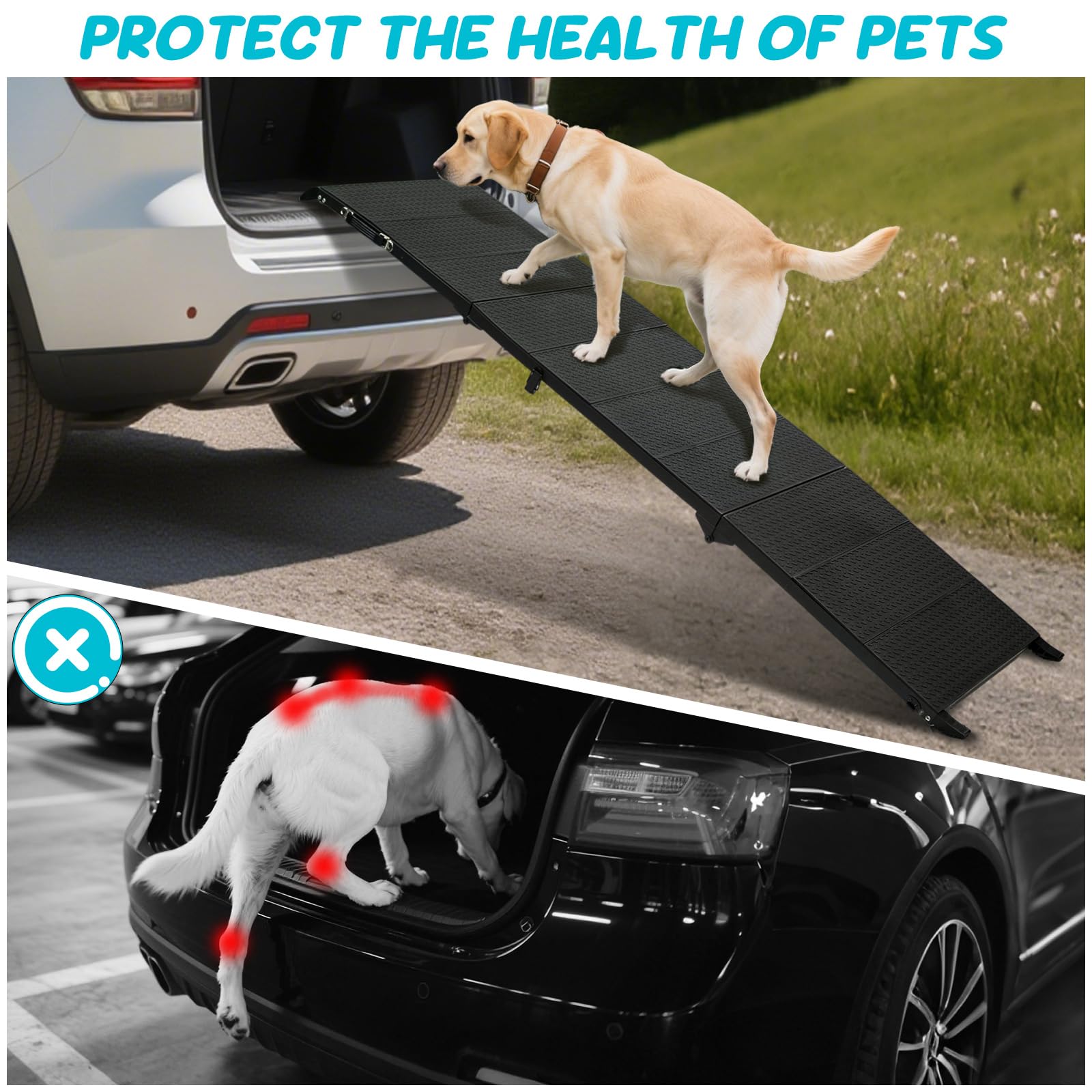 Niubya dog ramp positioned to fit a car and SUV for versatile use.