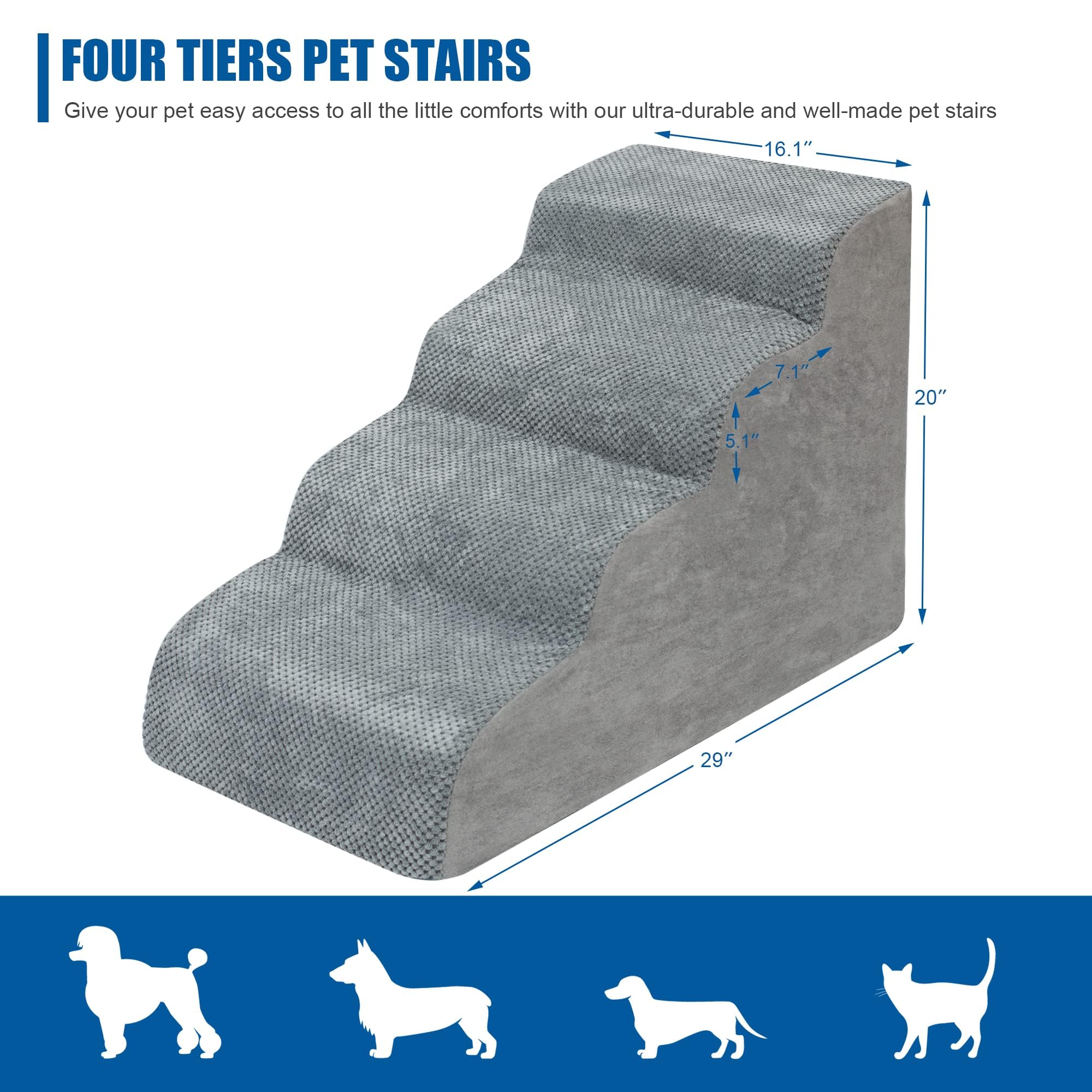 Niubya dog stairs four steps grey front view aiding bed access