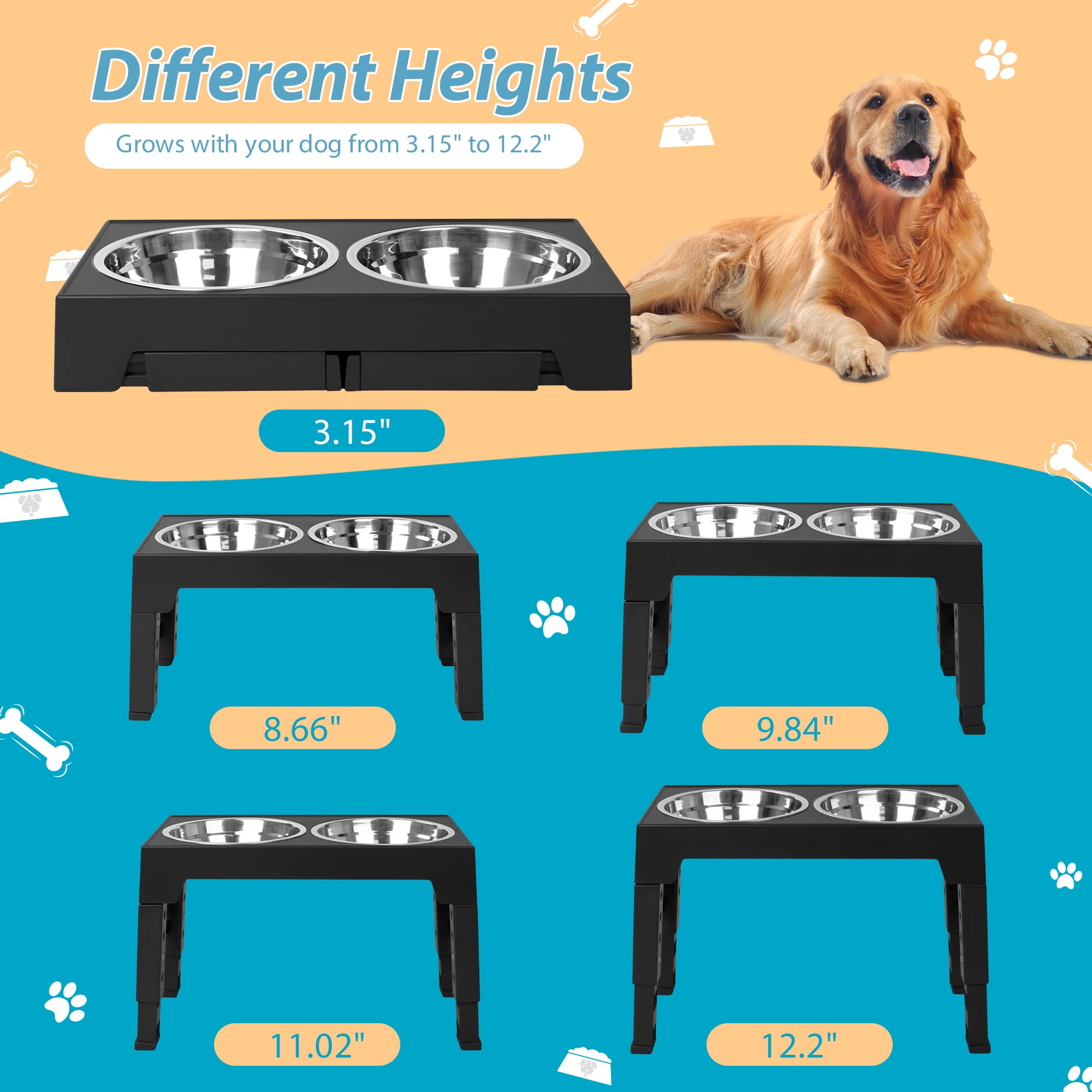 Niubya elevated dog bowls with five heights support your dog's different sizes