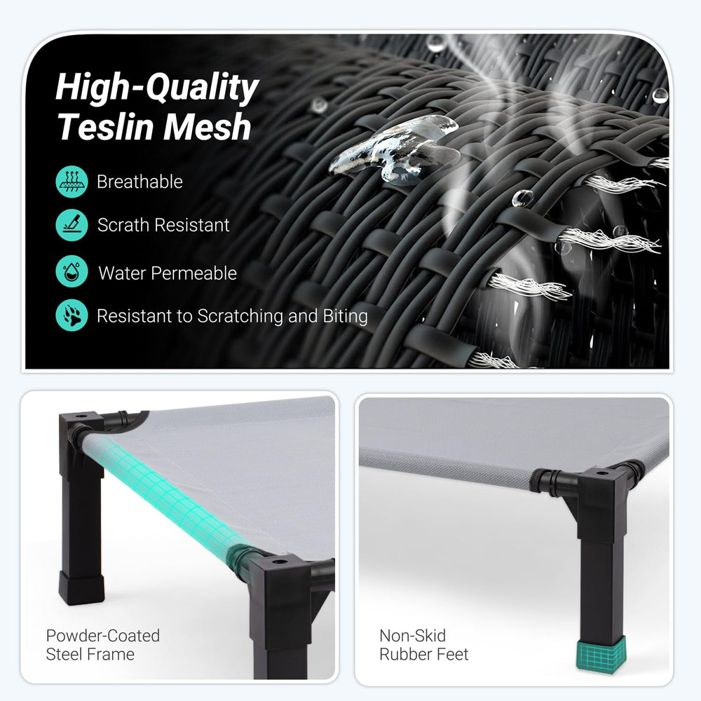 Niubya elevated outdoor dog bed mesh center promotes airflow for cooling comfort.