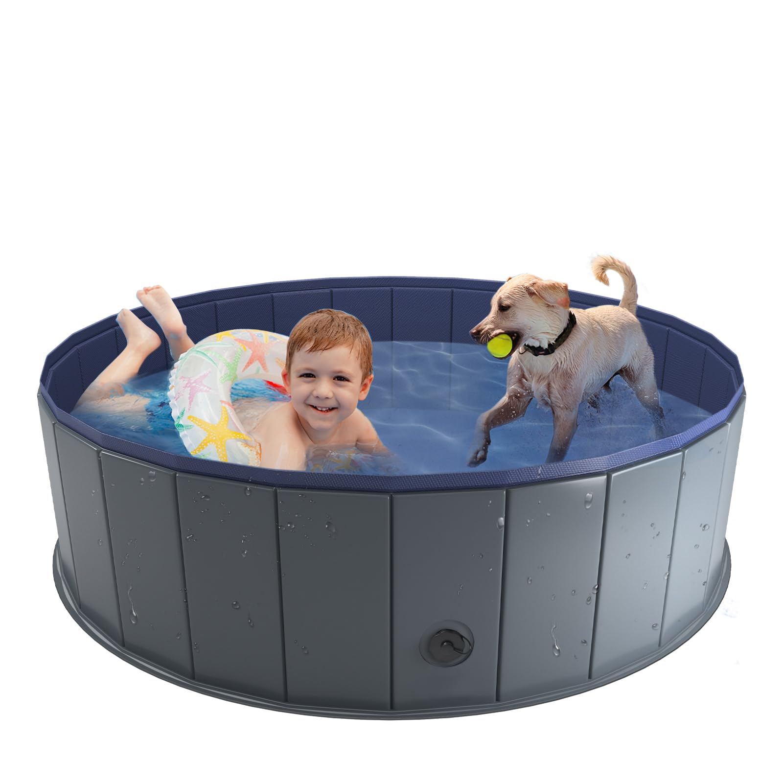 Niubya foldable dog pool, assembled side view, sturdy for outdoor cooling and play.