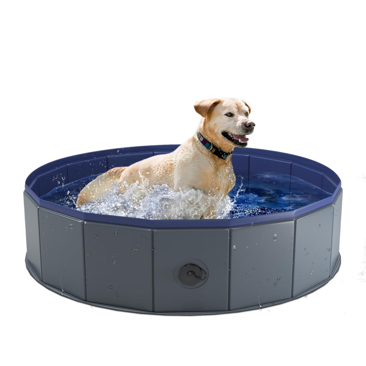 Niubya foldable pet pool shows 40-inch diameter for outdoor cooling and play.