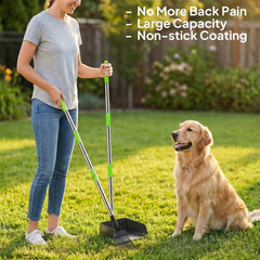 Niubya Pooper Scooper adjustable handle extended for easier reach.