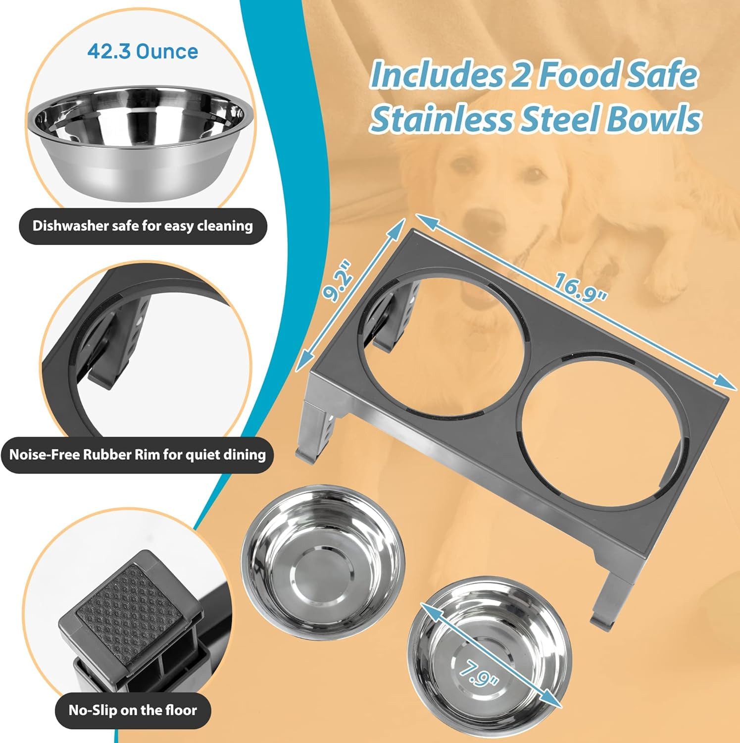 Niubya stainless steel bowls included for versatile kibble, water, or treats.