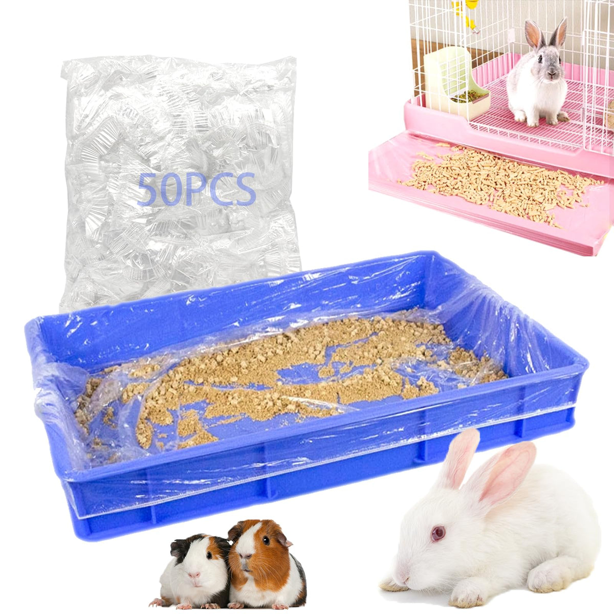 Niwaes 50-pack rabbit cage liners in clear film for easy waste observation.