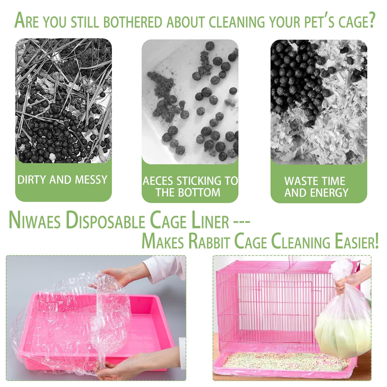 Transparent plastic cage liner provides visibility of waste for quick checks.