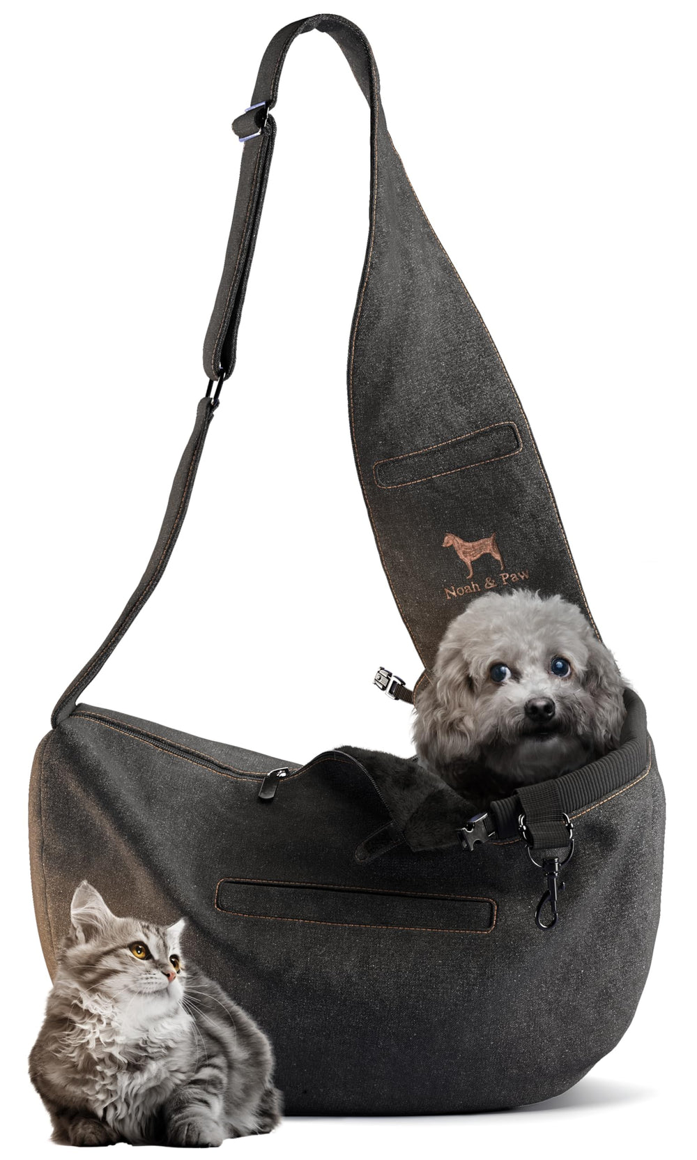 Noah & Paw dog sling in denim close-up shows premium fabric