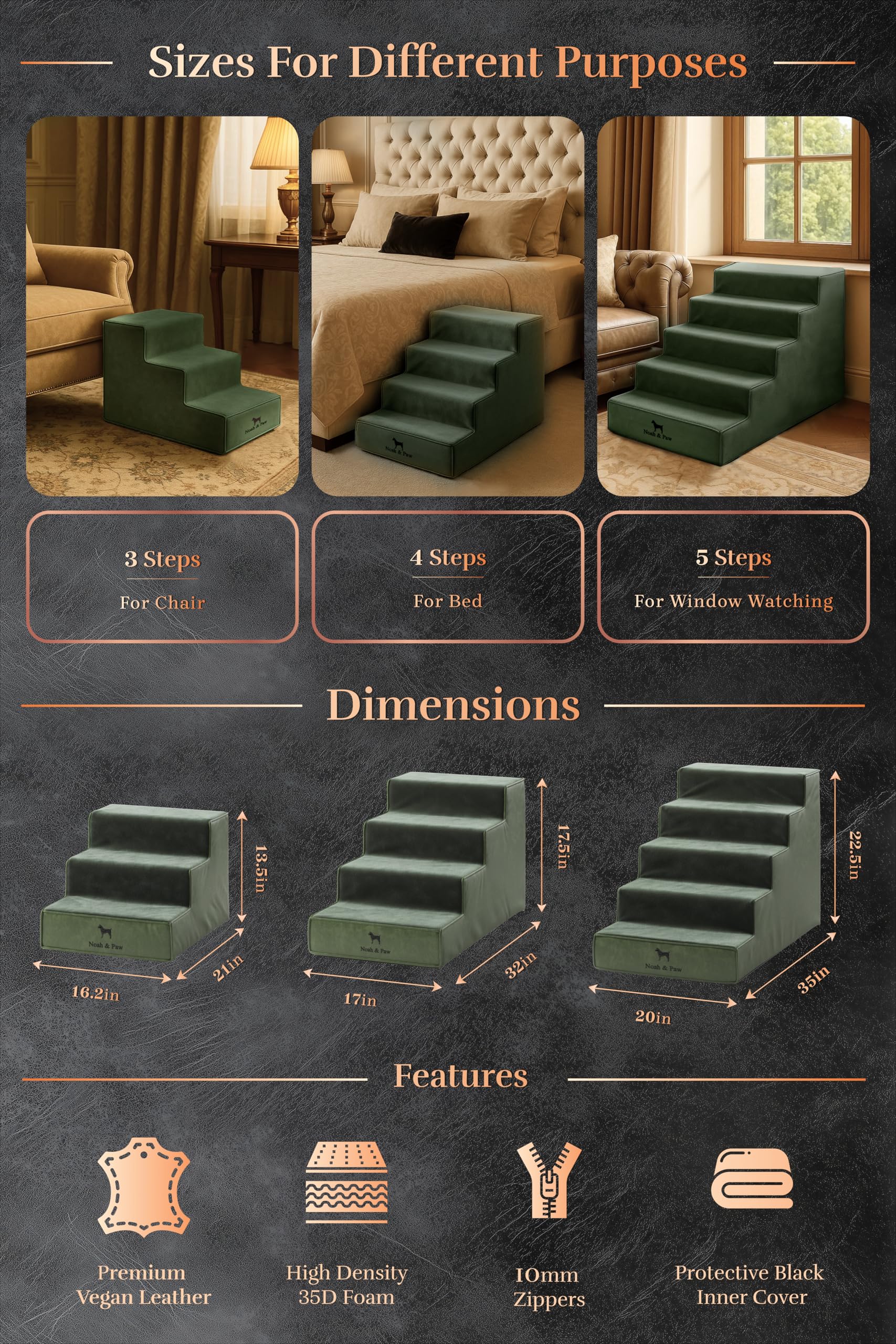 NOAH & PAW dog stairs 20-wide leather texture shows premium vegan leather