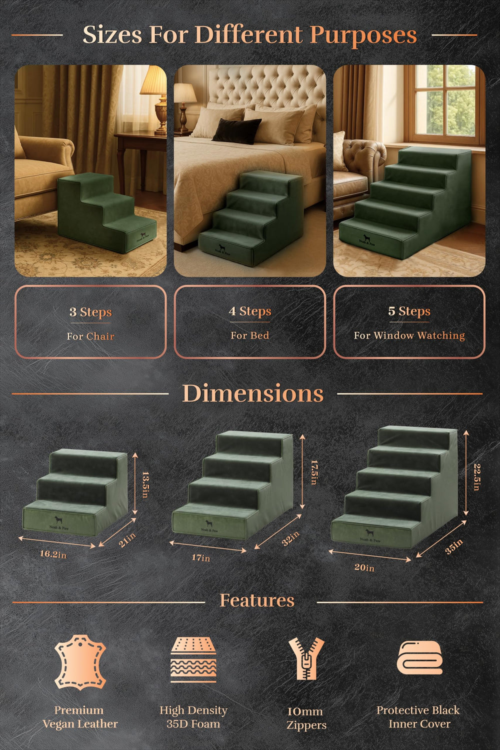 NOAH & PAW dog stairs 20-wide leather texture shows premium vegan leather
