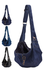 NOAH & PAW denim dog sling front view for hands-free small-dog transport