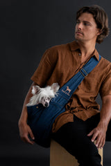 NOAH & PAW denim sling secure buckle ensuring pet safety during strolls