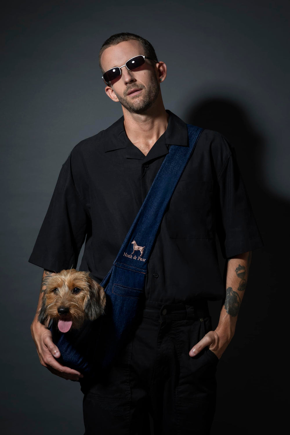 NOAH & PAW denim sling travel-ready for errands and adventures