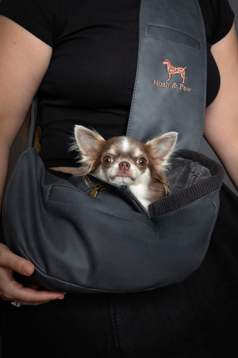 Noah & Paw dog sling with adjustable strap for comfortable fit.