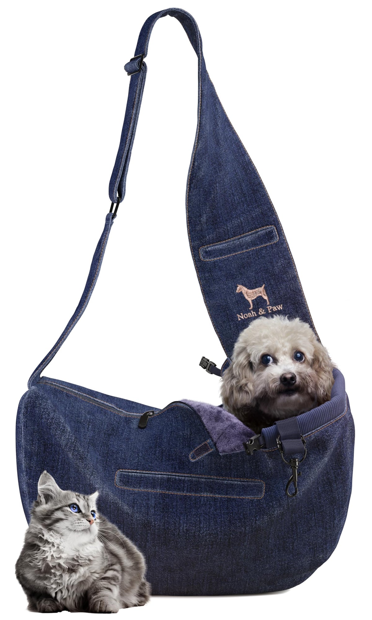 NOAH & PAW dog sling with denim lining offers cozy comfort for small dogs.