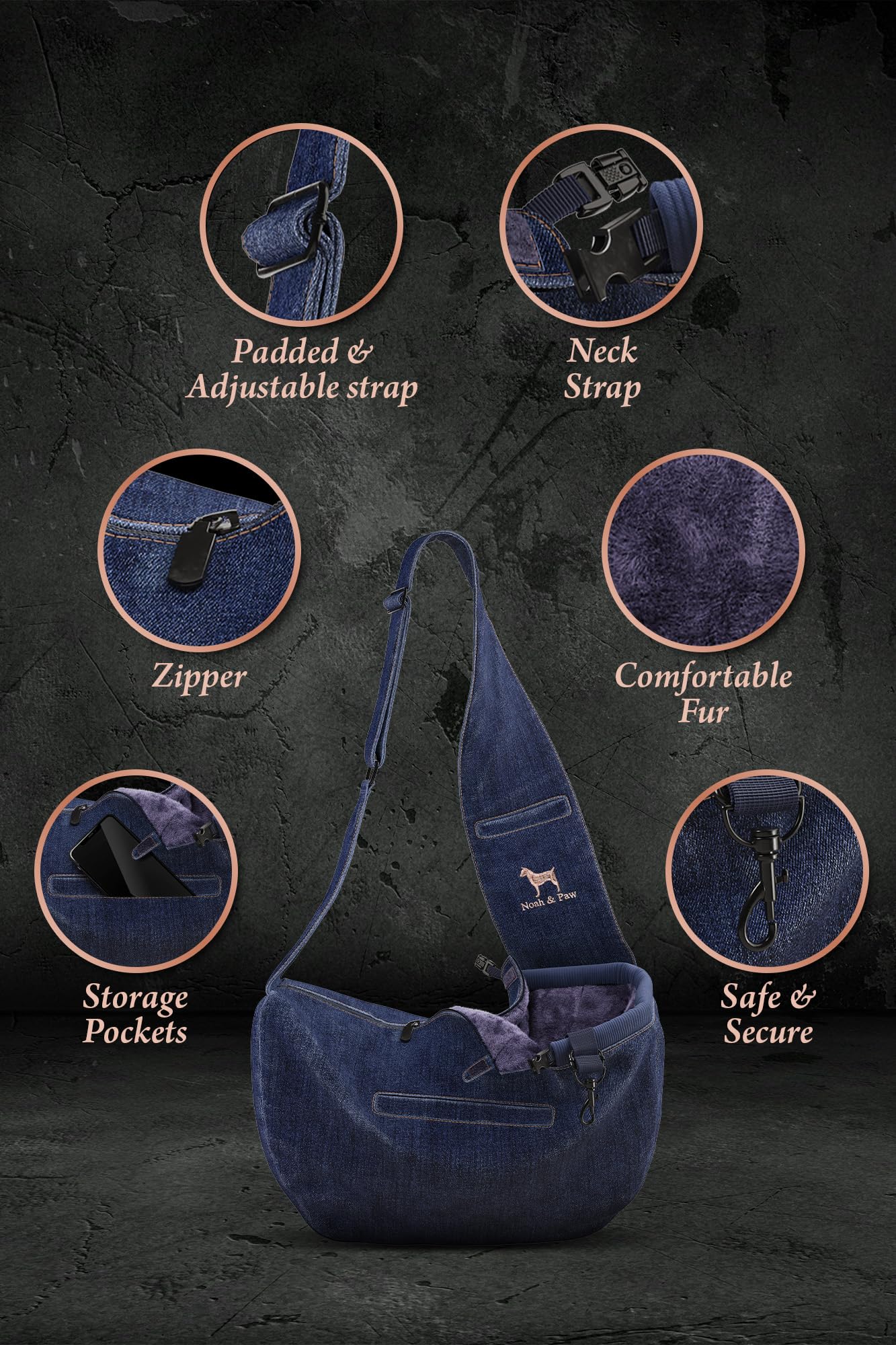 NOAH & PAW dog sling pockets store phone, keys, and treats on the go.