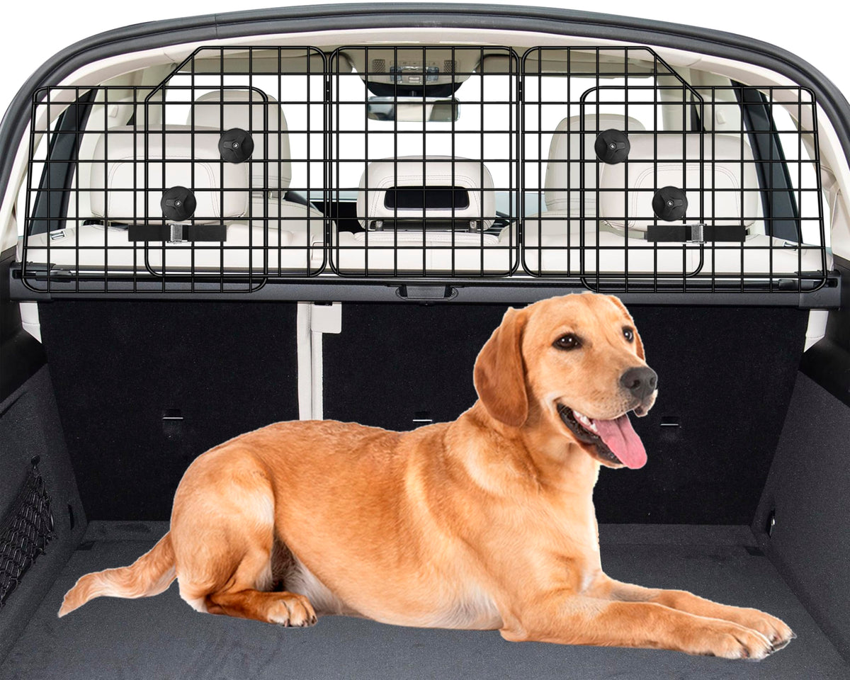 NOAMOO dog barrier assembled in vehicle for secure travels.