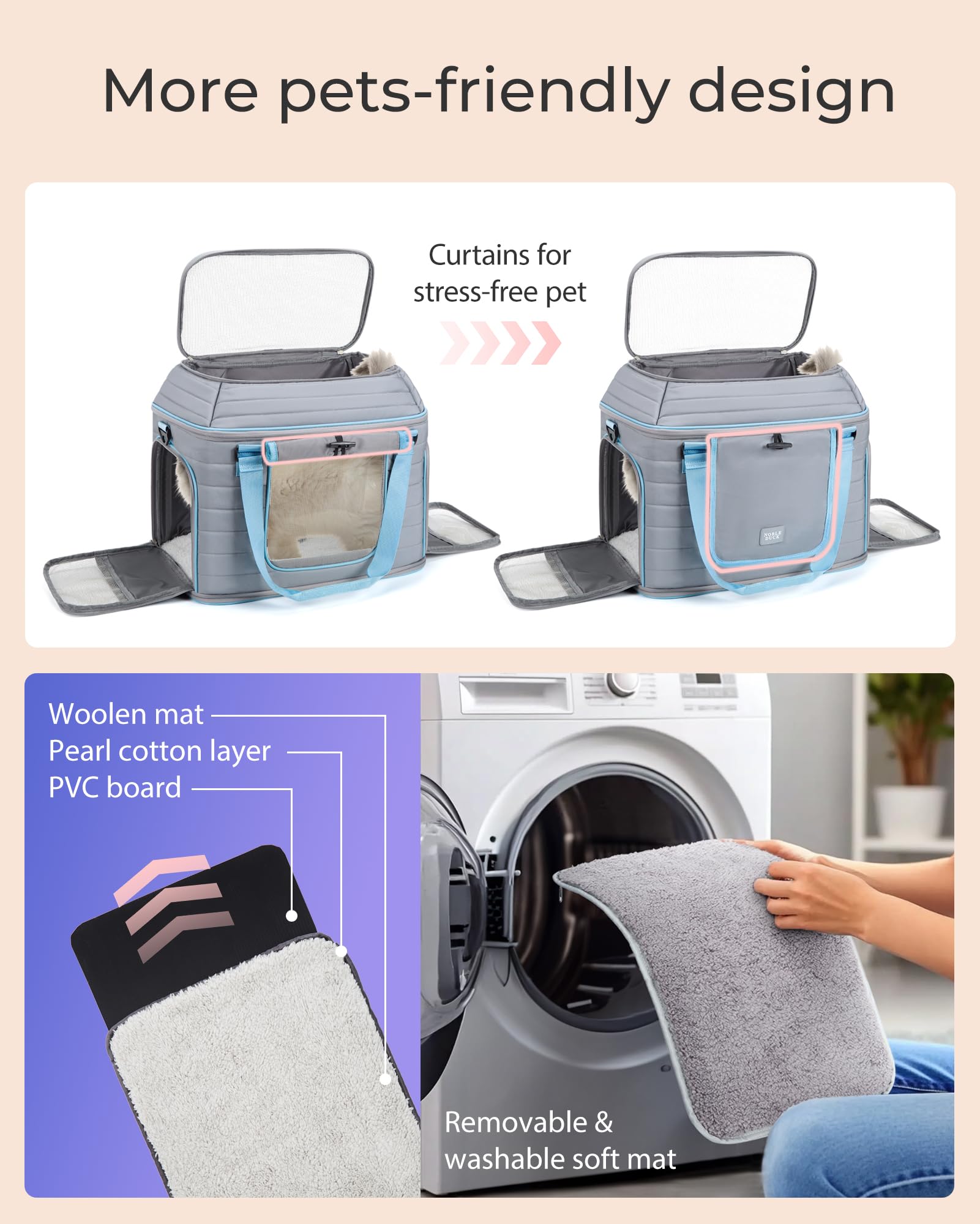 NOBLE DUCK soft mat cushions pets for comfortable travel.