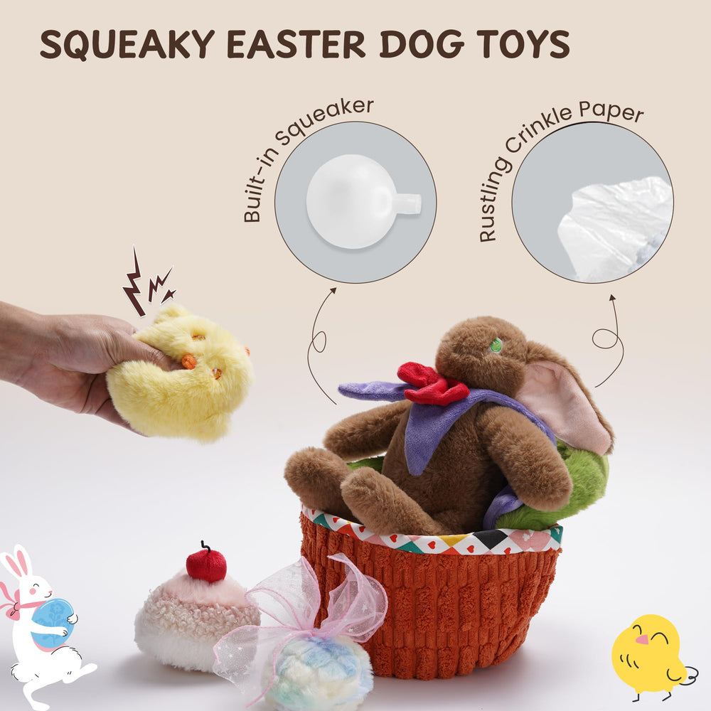 Nocciola Basket egg plush toy with squeaker for added playful challenges