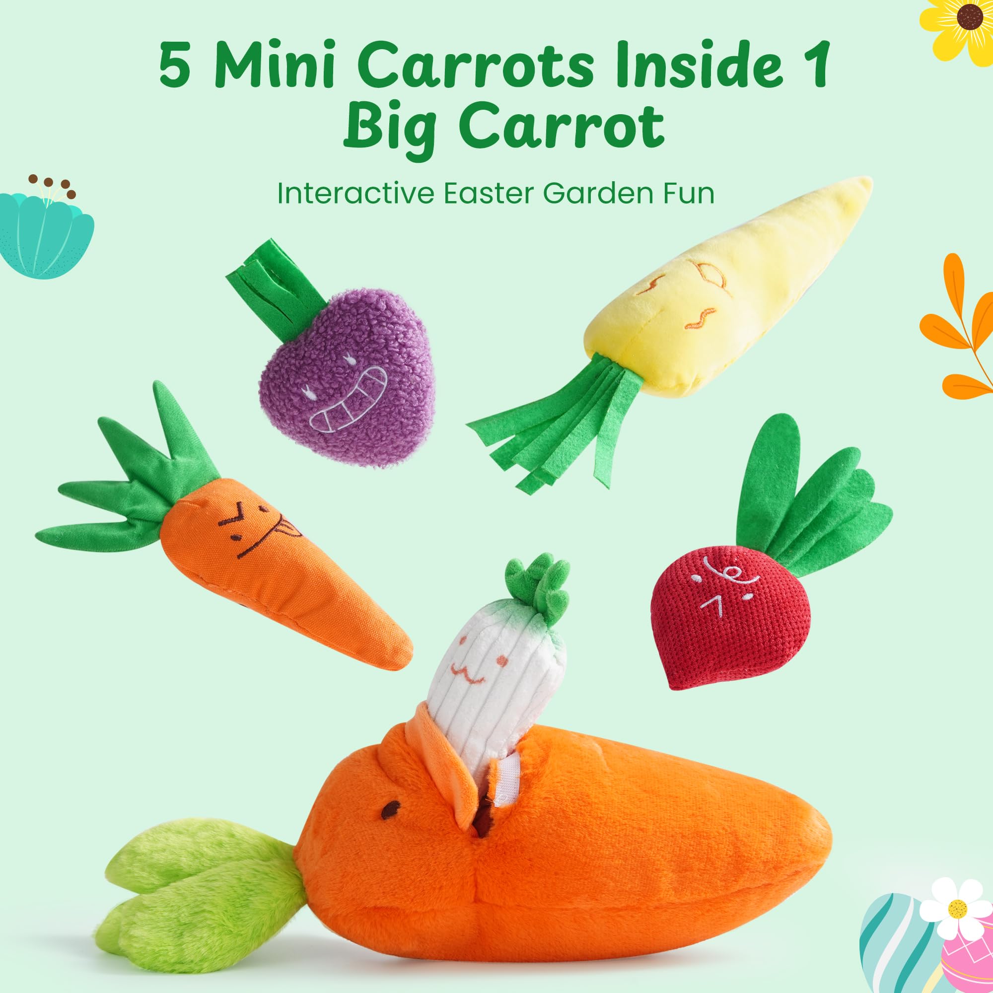 Nocciola large plush carrot with five mini carrots inside for surprise toys.