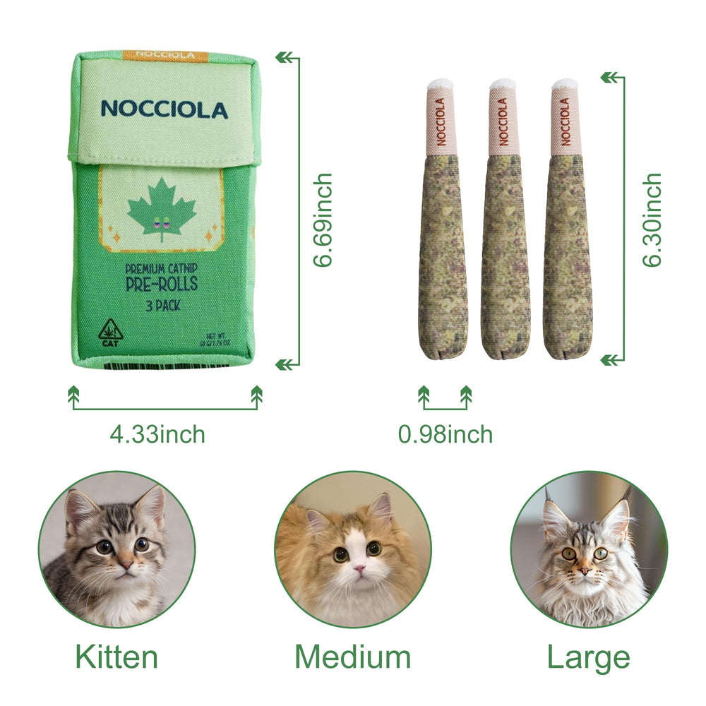 Close-up of Nocciola catnip kicker toy showing elongated design.