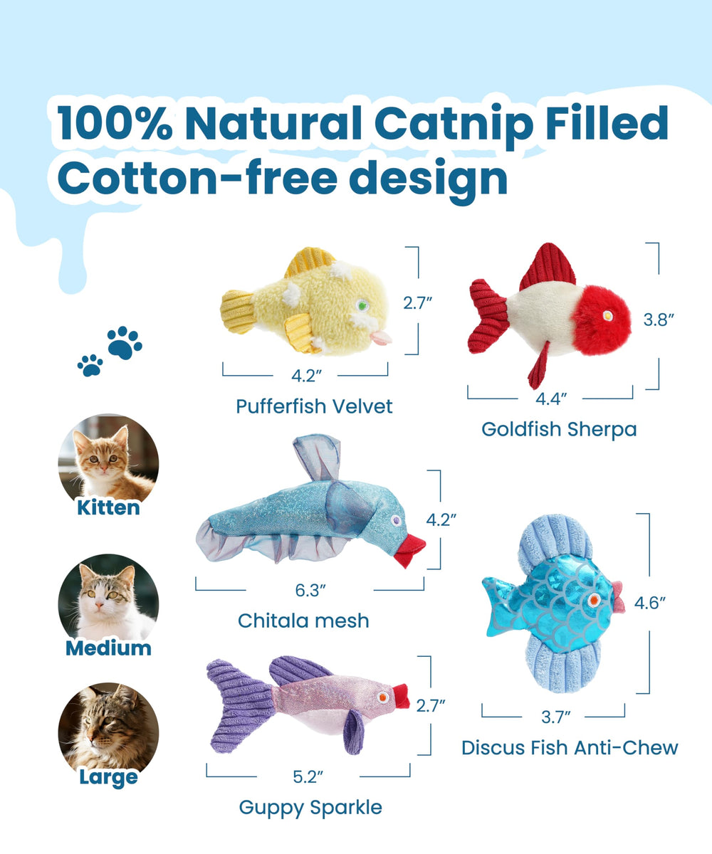 Nocciola Catnip Toys indoor play collection promotes activity with colorful floppy fish shapes