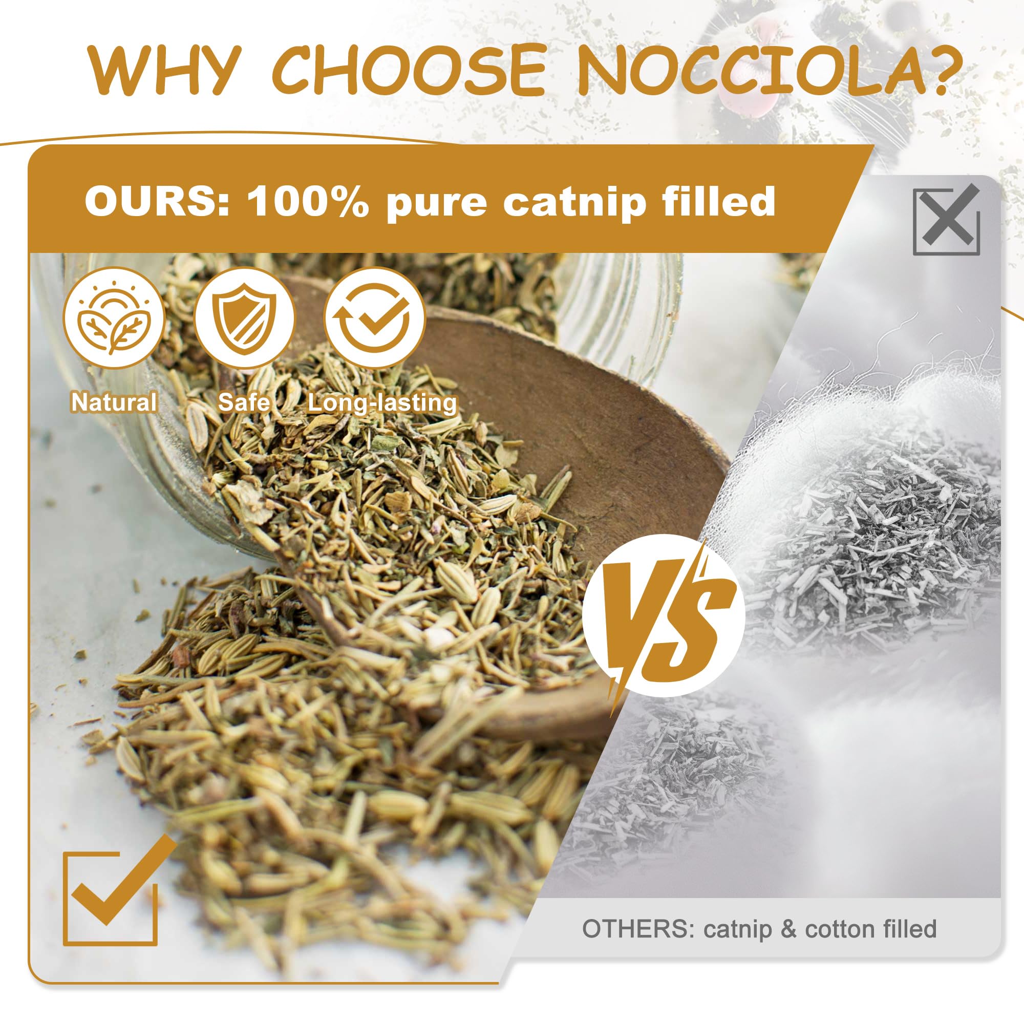 Nocciola soft plush catnip toy close-up highlighting organic catnip