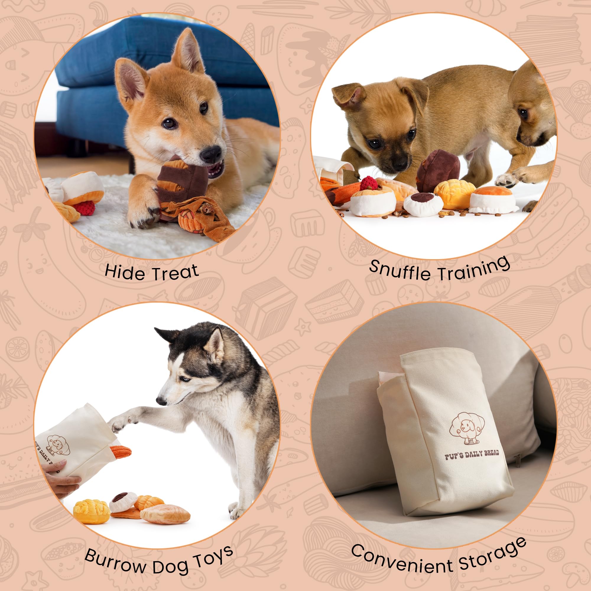 Nocciola cinnamon roll toy, squeaker and crinkle for long-lasting amusement.