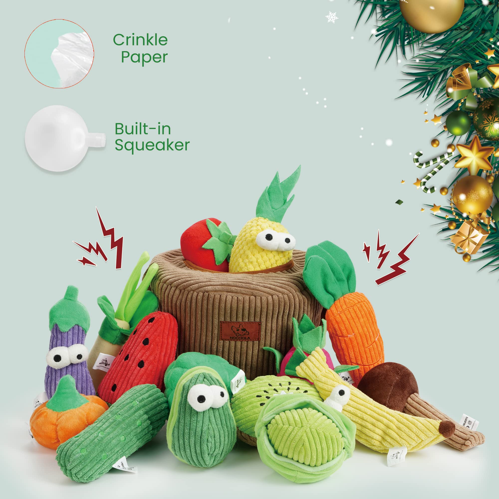 Nocciola crinkle-plush fruit toys provide sensory engagement for dogs.