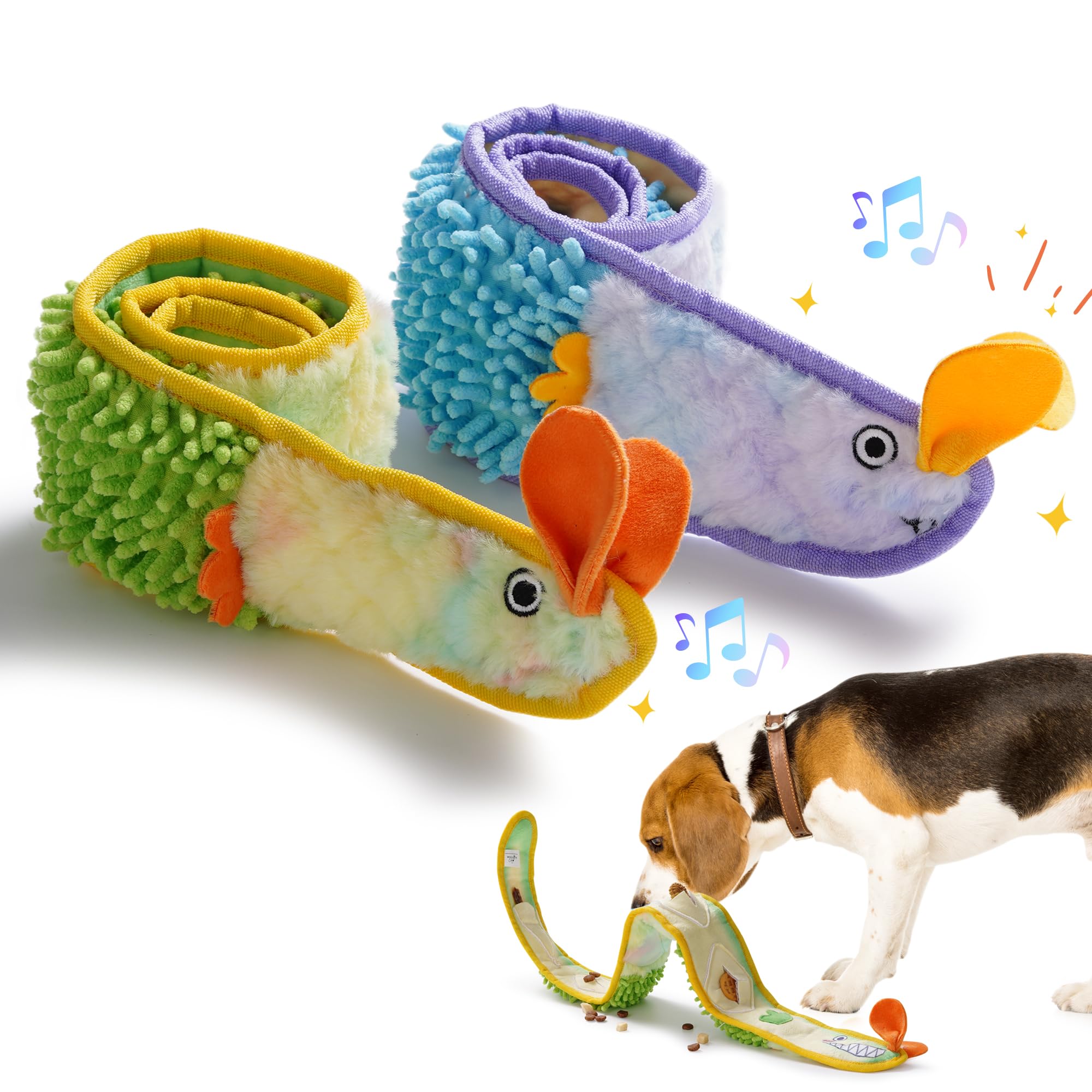 Nocciola EEL squeaky dog toy in blue and yellow for engaging play sessions.