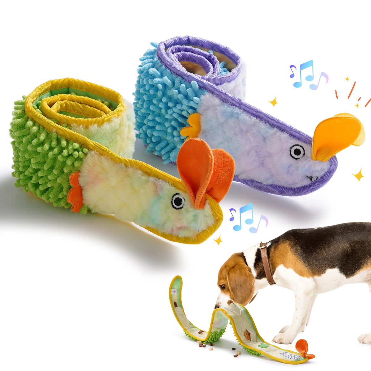 Nocciola EEL squeaky dog toy in blue and yellow for engaging play sessions.