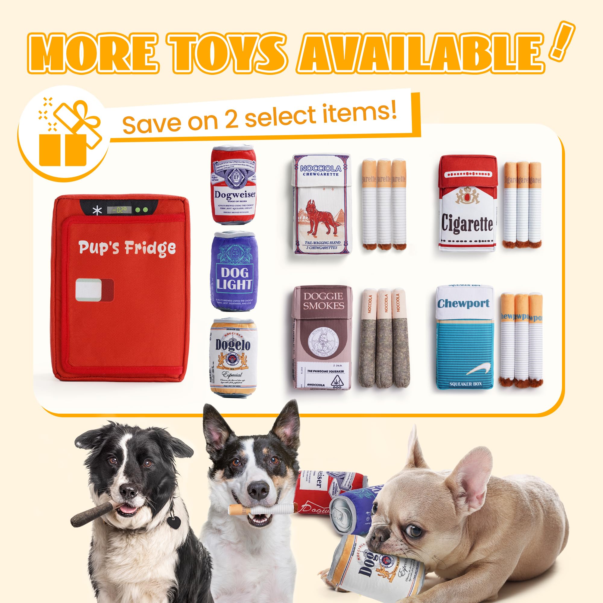 Nocciola beer-themed dog toy adds humor to photos and playtime.