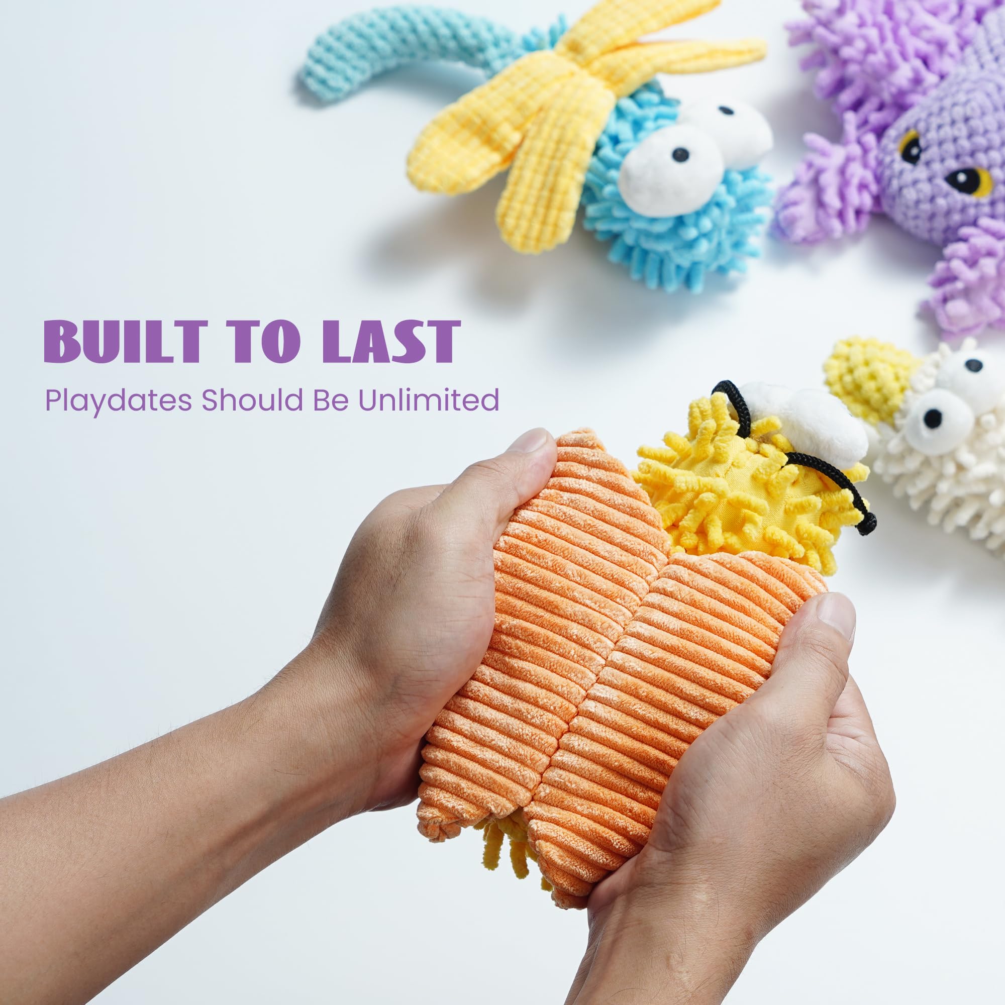 Nocciola plush toy with mop-like texture invites exploration and interactive games.