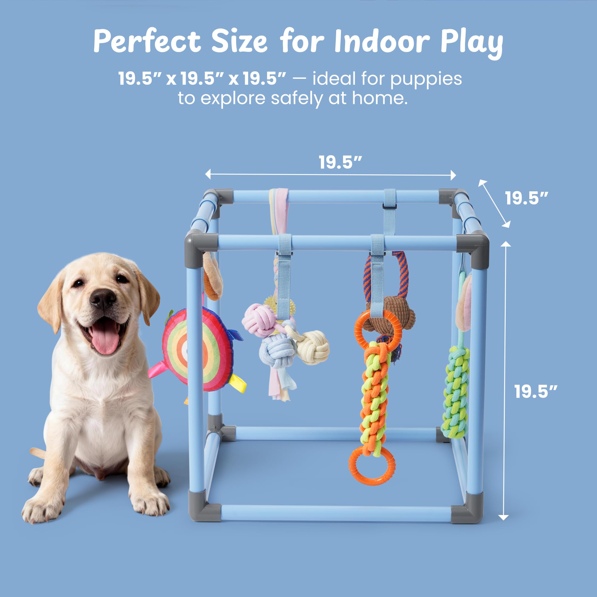 Nocciola Puppy Play Gym adjustable straps illustrate height customization for growing pups.