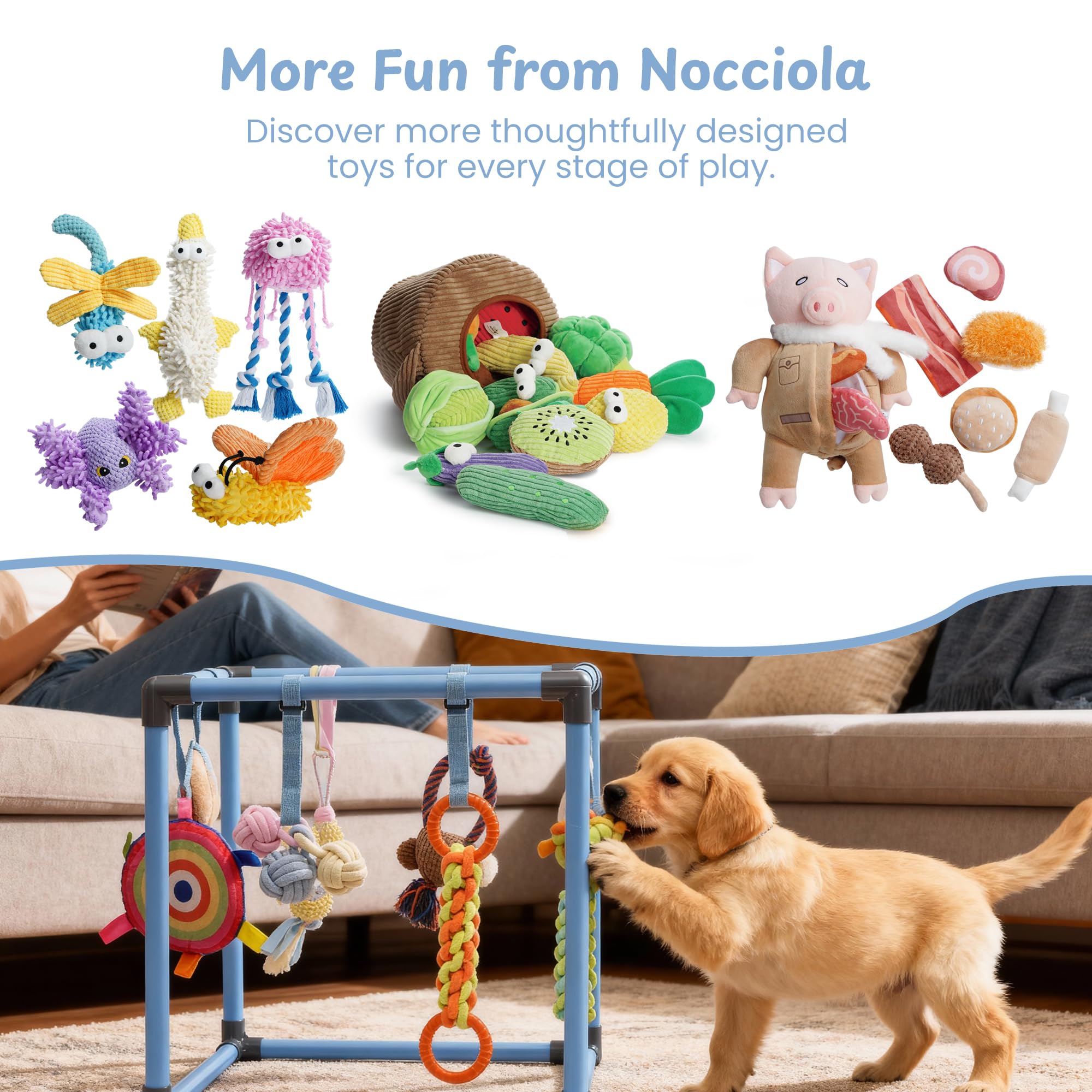 Nocciola Puppy Play Gym crate-side enrichment layout for calm hours.