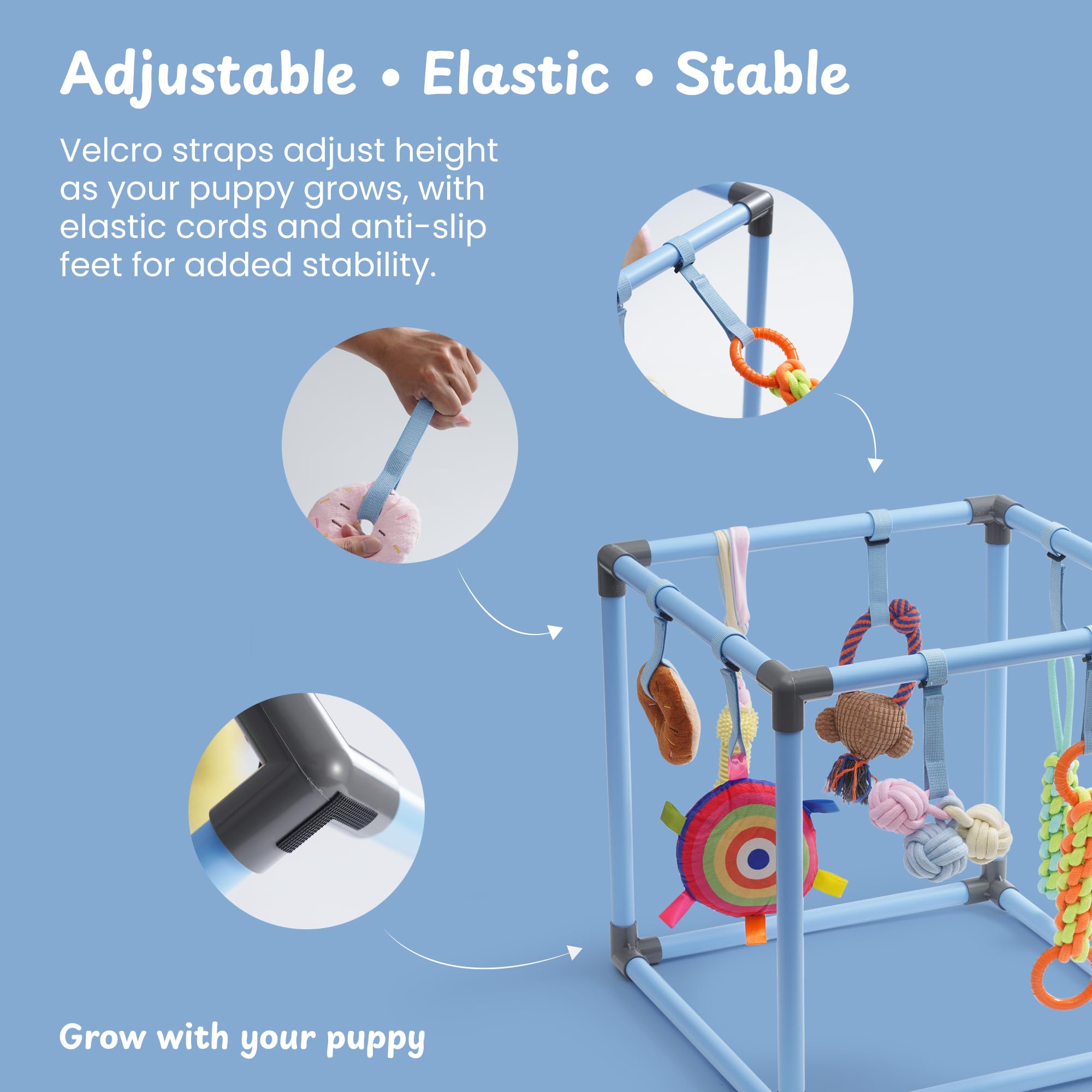 Nocciola Puppy Play Gym snap-together assembly shows tool-free setup.
