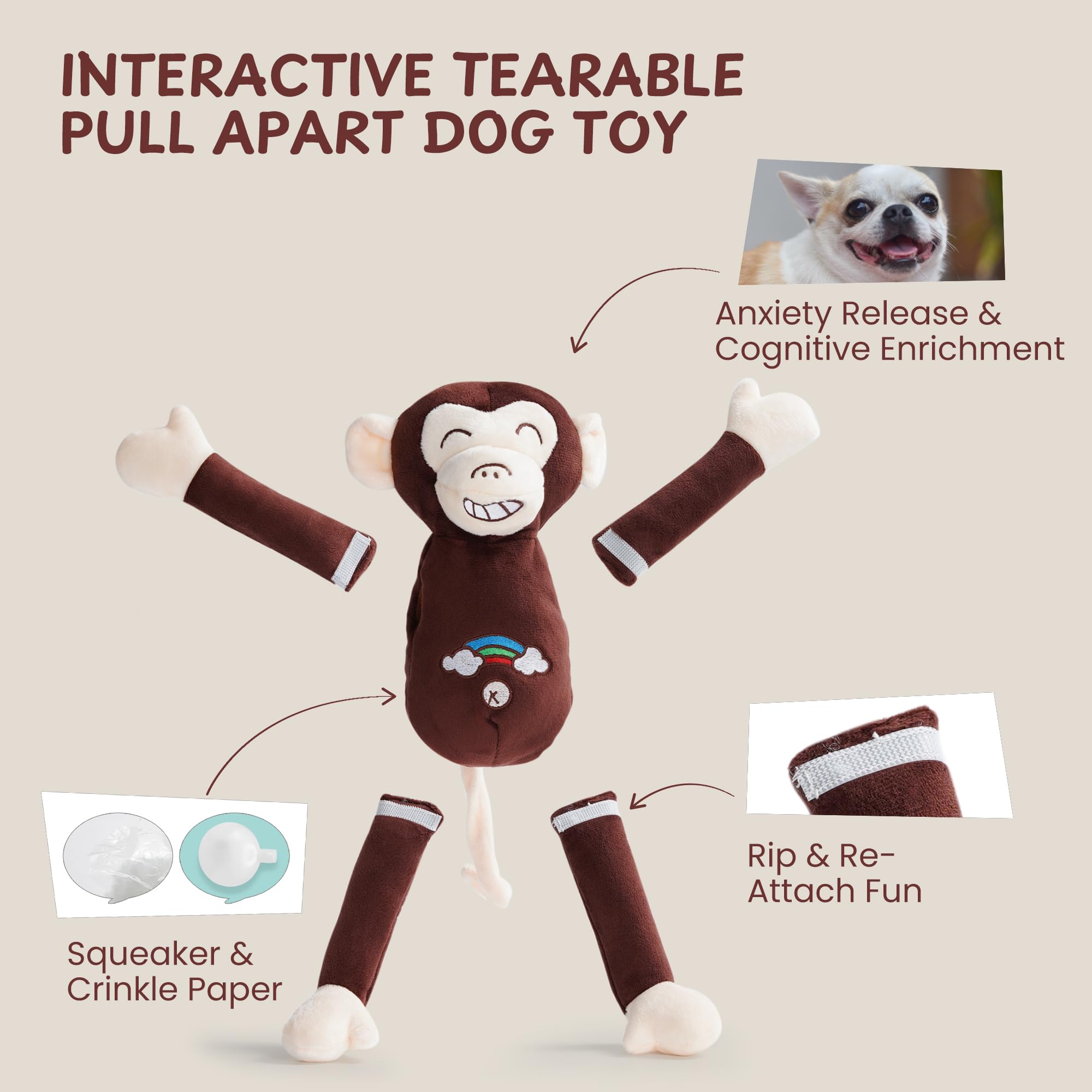 Nocciola reattachable dog toy featuring limbs for durable, reusable fetch and tug sessions.