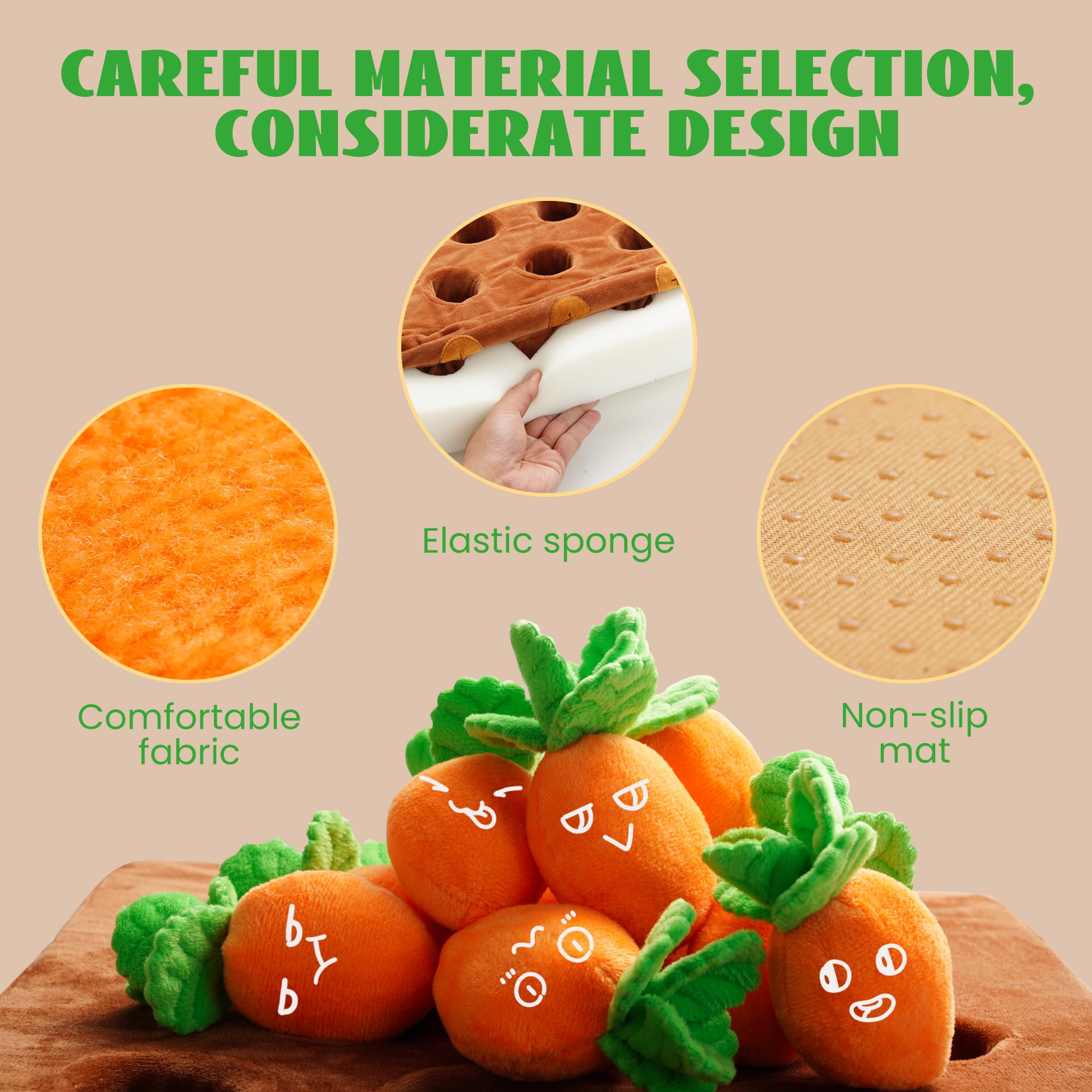Nocciola soft fabric carrot emphasizes safe chewing and comfort.