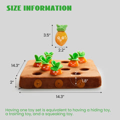 Nocciola squeaky carrot dog toy with hidden squeaker for interactive fun.