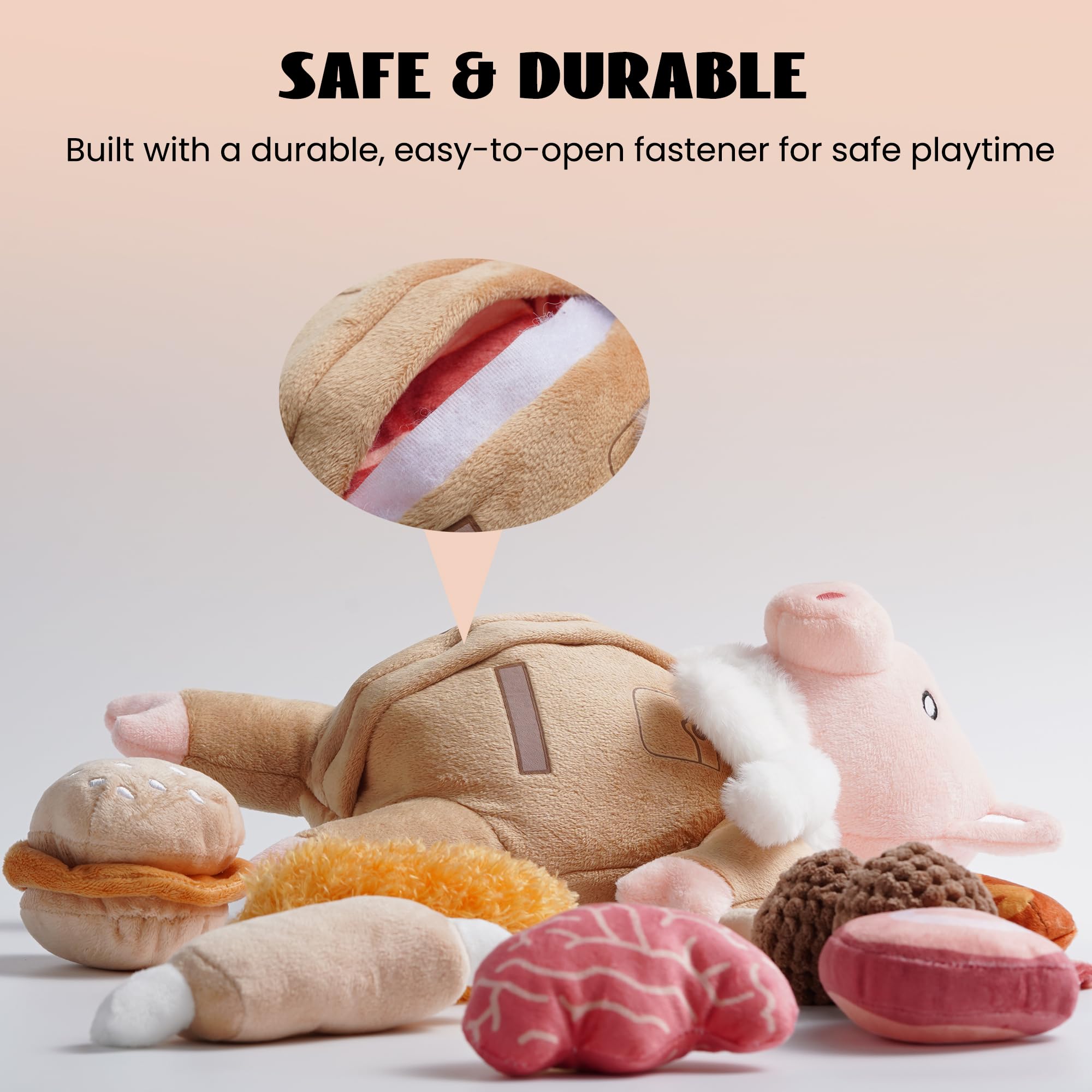 Nocciola stuffed pig toy dog in play demonstrates engagement.