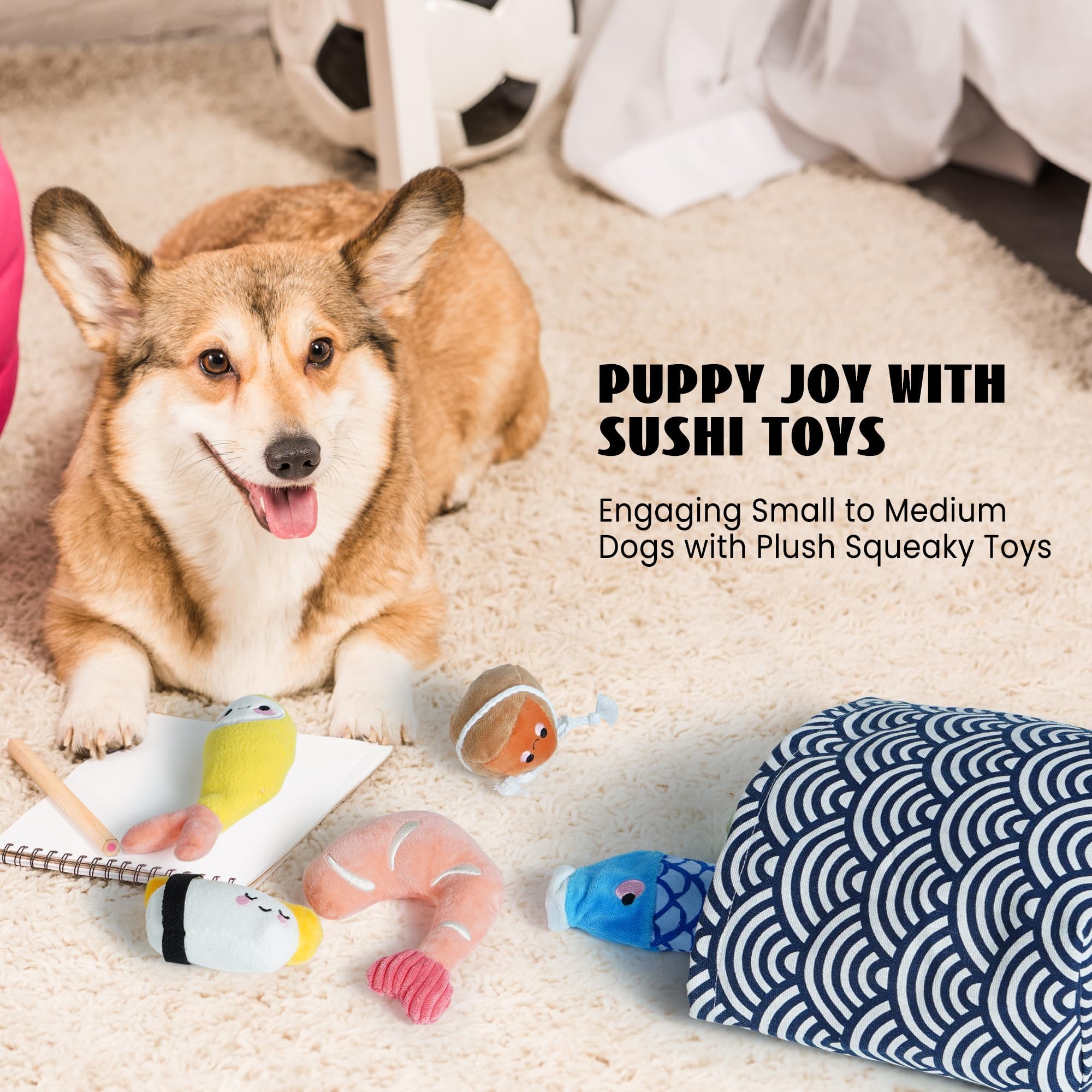 Nocciola sushi toy set in use, small dog enjoys squeaky fun.