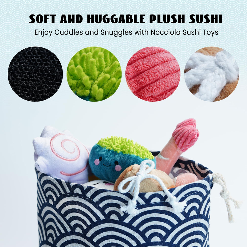 Nocciola sushi toy variety on the floor, perfect for puppies and small dogs.