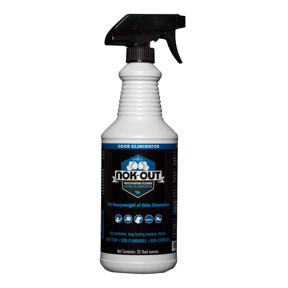NOK OUT Odor Remover bottle-pour demonstrates easy spray dispensing for quick deodorizing.